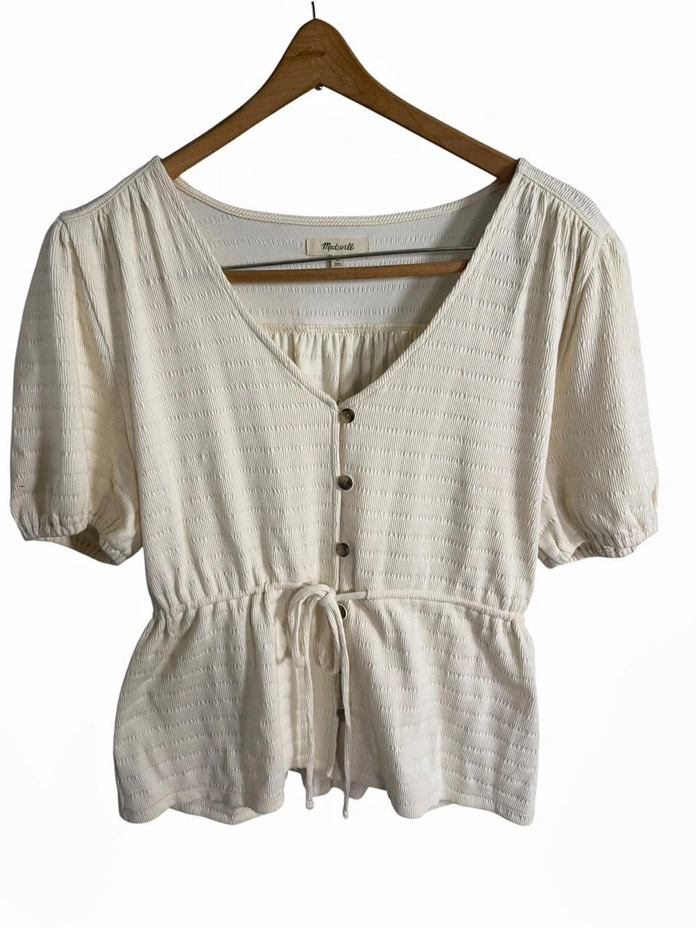 Madewell Puff-Sleeve Drawstring Top Textured Peplum Blouse in Cream Medium